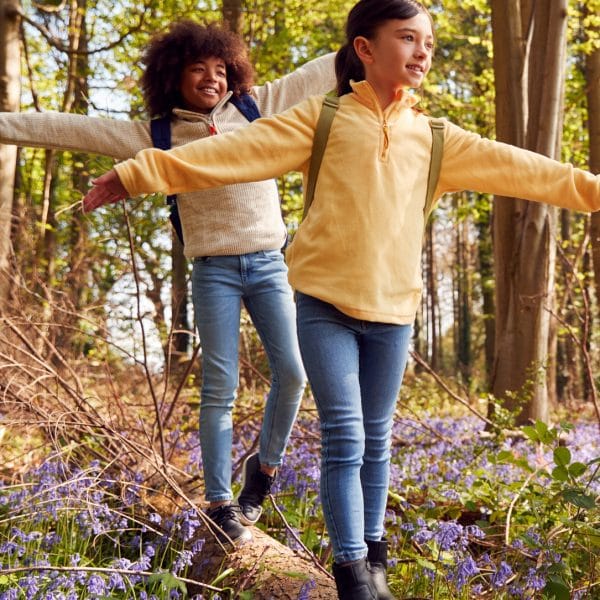 Two children walking through a bluebell wood.